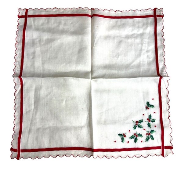 Embroidered handkerchief hankie 11-3/4 in. by 11-3/4 in. Red and white Christmas - Picture 4 of 11